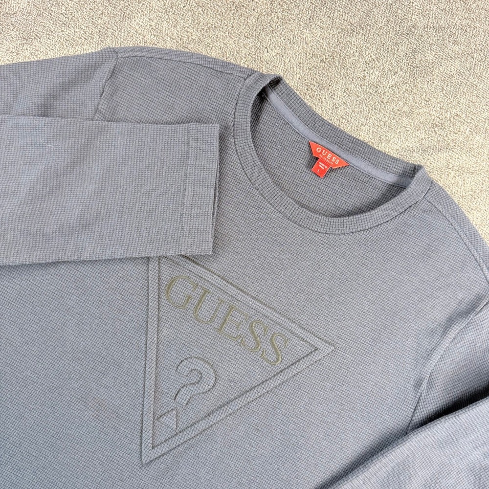 Guess Los Angeles Mens Gray Waffle Knit Thermal Long Sleeve Logo Shirt Large